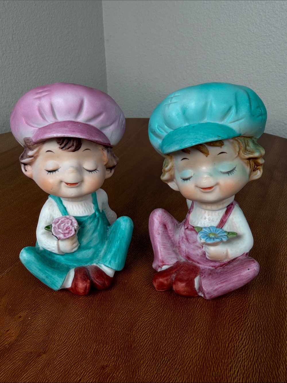 Vintage Porcelain Bisque Flower Child Boy/Girl Overalls Figurines Flowers Set/2